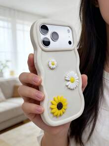 1个创意向日葵雏菊花卉简约波浪边手机壳，兼容苹果7/8/X/XR/XS Max/11/12/13/14/15/16/17 Pro Max、三星Galaxy A14/A15/A16/A17/A04/A05/A06/A07/A54/A55/A56/A34/A35A/36/S25/S25 Plus/S25 Ultra、A54、G13/14/15等机型，柔软全包手机壳 - 波浪白色 - 查看 1