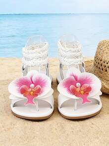 女童平底凉鞋，编织踝带，饰以花朵和珍珠点缀 - 夏季沙滩鞋 - 白色 - 查看 11