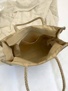 女士夏季藤编单肩包，女孩手工编织手提包，经典编织包，女士沙滩单肩包，女士草编包，斜挎包，女士手提包，沙滩必备，沙滩用品，沙滩装备和夏季必备品，夏季包包，度假必备品，非常适合旅行、度假和海滩 - 卡其色 - 查看 7