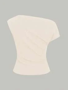 Atasan Crop Satu Bahu Elegan, Basic Kasual, Unik, dan Menawan untuk Ukuran Plus, Blus Bahu Asimetris Seksi Pas Badan untuk Musim Panas - Aprikot - View 7