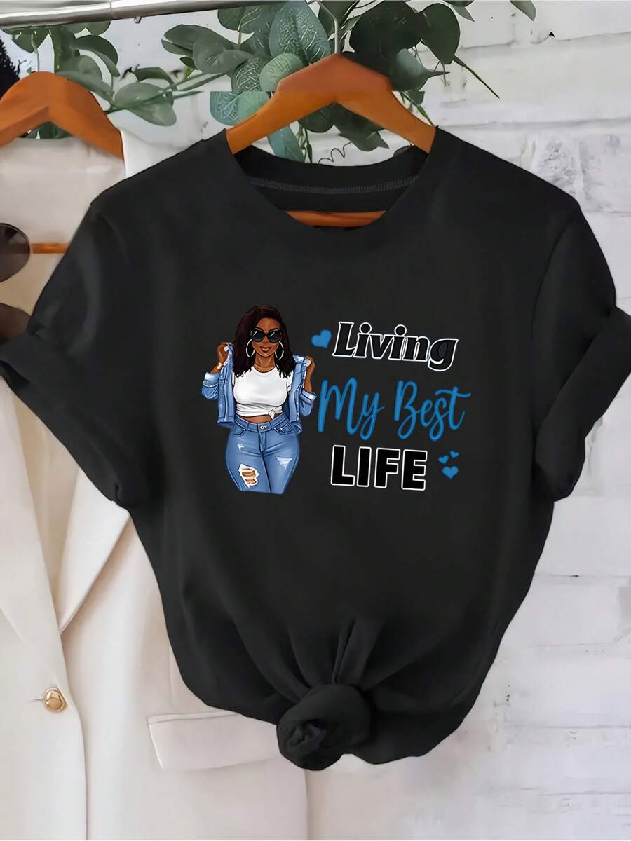 Women's 'Living My Best Life' T-Shirt- Fashionable White, Stylish Character And Letter Design, Comfortable Polyester Fiber, Casual Style, Perfect For Daily Wear Or Valentine's Day Gift - 黑色 - 查看 1