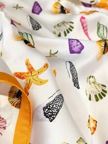 1 chiếc khăn vuông 70cm in họa tiết vỏ sò và sao biển thanh lịch, phù hợp cho phong cách thường ngày, đường phố, chống nắng ngoài trời, băng đô, phụ kiện đa năng giúp hoàn thiện trang phục của bạn. - màu trắng vàng - Xem 3