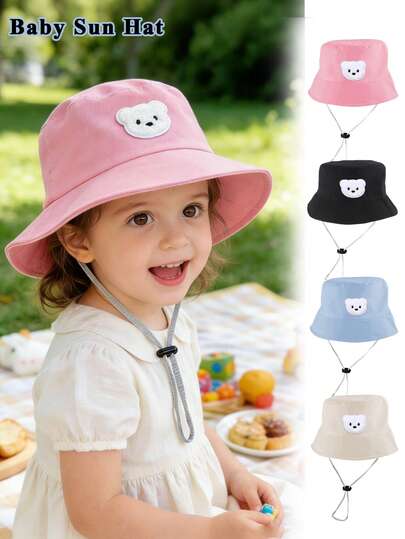 1 pieza Gorro de cubo de estilo lindo con parche de oso blanco de chenilla para bebés, sombrero de sol multicolor ajustable, transpirable, con protección solar para exteriores para playa, viajes, guardería y juego diario para niños de 0 a 3 años