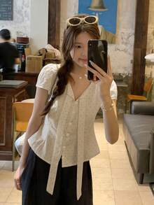 Korean Style Polka Dot Print Short Sleeve Blouse, Fashionable & Versatile Summer - Beige - View 5