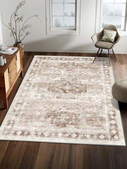 1pc Brown Rug, Bohemian Style, Washable Non-Slip Faux Wool, 1160g/㎡, Suitable For Living Room, Bedroom, Kitchen, Office, Entryway