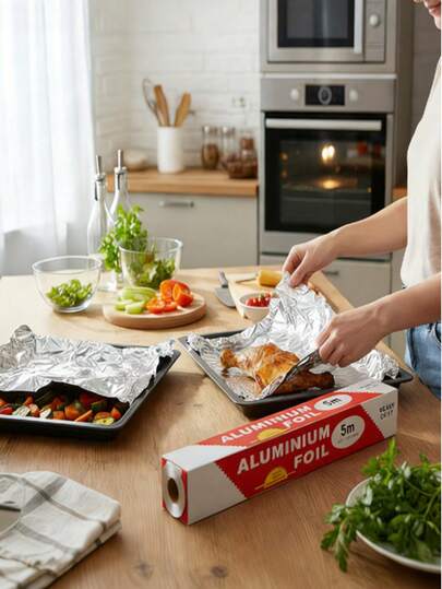 1 cuộn giấy bạc nhôm loại dày, lý tưởng cho việc nướng bánh, chiên rán, nấu nướng, nướng thịt và BBQ, vật dụng nhà bếp thiết yếu, cuộn giấy bạc nhôm có thể tái sử dụng, thích hợp cho nướng ngoài trời và làm bánh tại nhà.