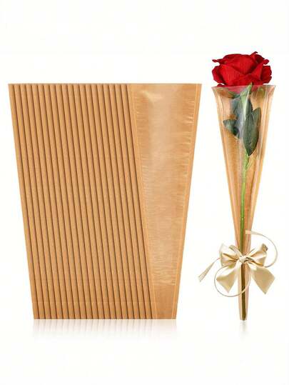 50pcs/25pcs Kraft Paper Flower Bouquet Packaging Bags, Floral Wrapping Paper, Transparent Flower Arranging Supplies, Suitable For Valentine's Day, Wedding, Anniversary, Mother's Day, Single Flower/Rose Packaging Bags With Ribbons, Floral Packaging Supplies For Valentine's Day, Wedding, Birthday
