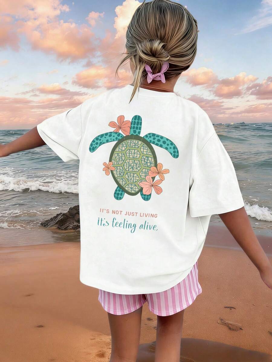 Toddler Girls Summer Casual Sea Turtle & Flower Graphic Print Short Sleeve Crew Neck T-Shirt, Kids Cute Beach Vacation Loose Tee Tops For Daily Wear - White - View 1