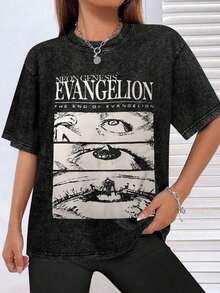 Fall,1Pcs 2026 EWH Mens Loose Retro Washed T Shirt New Century Evangelio EVA Anime Print DG004 Grey Short Sleeve Summer Tops Graphic Tees Women - 黑色 - 查看 3