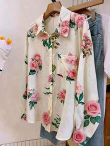 Camisa con botones con estampado floral y de hojas para mujer, rosa vacacional de primavera - Rosa - Ver 2