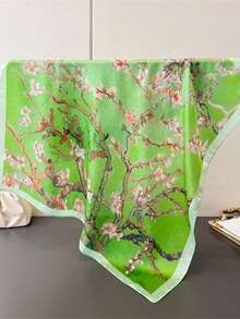 1条65*65厘米方形丝巾，女士缎面丝绸仿梵高杏花印花，多功能，可作领巾、头巾、披肩。 - 彩色 - 查看 15