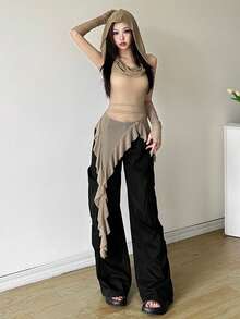 女士亮片透视连帽不对称长款针织上衣，袖子设计，弹力度假风 - 卡其色 - 查看 3