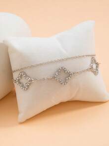 1pc Fashion Double-Layer Four-Leaf Clover Rhinestone Classic Design Bracelet For Girls - Silver - View 4