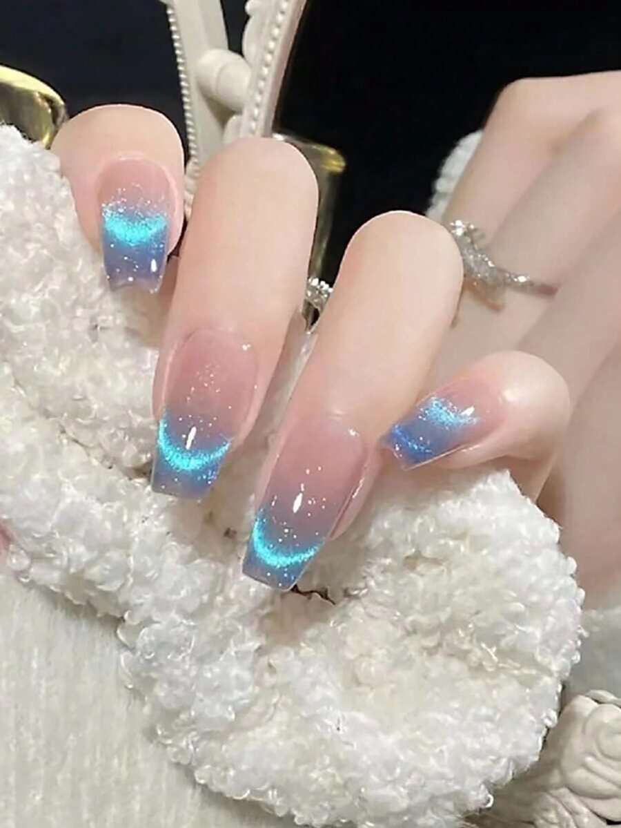 24pcs Long Blue Cat Eye False Nails With 1pc Jelly Gel And 1pc Nail File, Suitable For Women's Daily Wear - Mint Blue - View 1