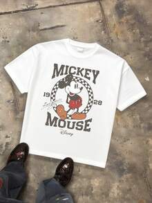 Disney 1928 Birth Of Mickey Mouse  Pattern Print, Cartoon Elements Fashionable Loose Short Sleeved Street Style T-Shirt, Spring And Summer Fashionable Versatile Top - trắng - Xem 2