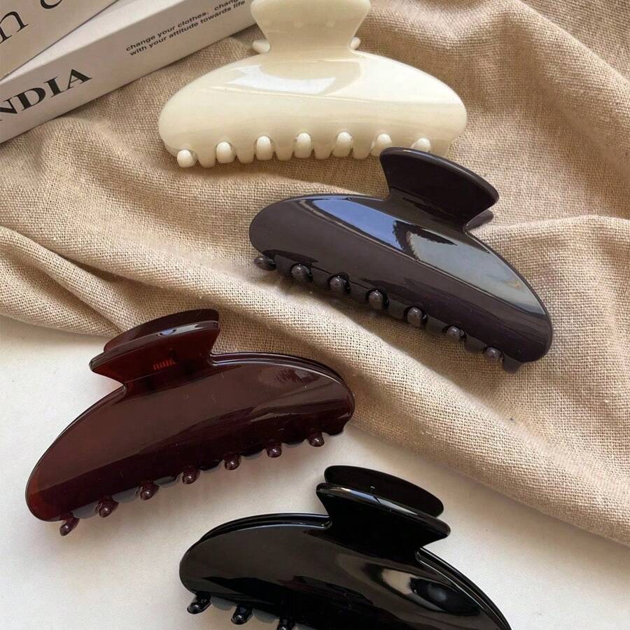 2pcs    Women's 7.6cm/2.99in Oval Shaped Black, White, Brown, Wine Red Lightweight Plastic Hair Clips, Fashion Versatile High-End Elegant Simple Minimalist Solid Color Hair Claws, Suitable For Daily Outing, Casual, Party, Commute, Beach, Vacation, Ponytail, Bun Hairstyle, Washing Face, Bathing, Makeup, Outfit Accessory Women Claw Clips Elegant Hair Accessories - 彩色 - 查看 1