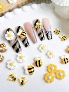 10个/20个随机混装ABS卡通黄色小蜜蜂可爱蜂蜜罐花朵美甲饰品甜美风格美甲配件DIY美甲用品 - 彩色 - 查看 6