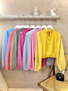 Hermiss Women's Chiffon Blouse With Gathered Elastic And Ruffle. One Size Fits S/M/L. New Autumn/Winter Collection. - 西瓜紅 - 查看 5