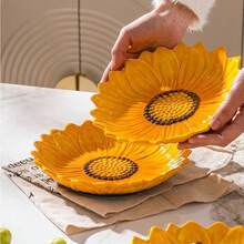 Plato de cerámica con diseño de girasol, plato decorativo de cena con diseño de girasol lindo, vajilla, plato de cena de cerámica con diseño de girasol creativo para el hogar y la cocina. Diseño único de girasol, haz que tu hora de la comida esté llena de sol y felicidad. Ilumina tu mesa de comedor con la encantadora vajilla de girasol. - Multicolor - Ver 9