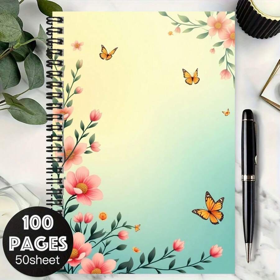 Caiet spiralat cu 100 de pagini, cu modele florale și fluturi proaspete, potrivit pentru serviciu, studiu, școală, cadou de absolvire, cadou de ziua de naștere, jurnal, notițe. Aspect elegant pentru a înregistra momentele vieții. - A - Vizualizare 1