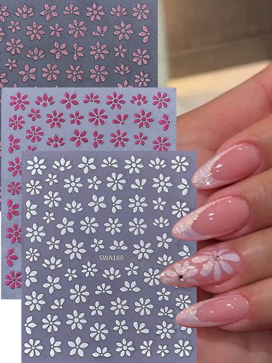 9pcs 2026 Spring/Summer New Minimalist Self-Adhesive Nail Stickers, Including Cherry Blossom Petals, Daisy And Glitter Decorations - Multicolor - View 1
