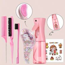 6 件套 - 芒果形喷雾瓶梳子套装，包括一把蓬松梳、一把尖尾梳、一把边缘梳、一把芒果形梳子和一张卡通贴纸，用于抚平毛躁的头发并进行造型。 - 彩色 - 查看 4