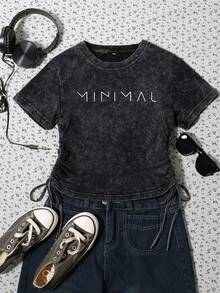 Es Trus 女士纯棉夏季休闲T恤，印有趣味“MINIMAL”字母图案，复古街头风，舒适百搭的Y2K时尚，适合户外休闲穿着，小巧甜美性感抽绳圆领水洗黑色修身T恤 - 黑色 - 查看 5
