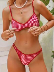 Women's Bikini Sets Tie Back Bowknot Two Piece Swimsuits Triangle Thong Bathing Suit Gingham Plaid Printing Cheeky Swimwear - 紅色 - 查看 2