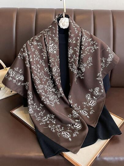 1pc 90x90cm Square Silk Scarf, Ladies' Twill Satin White Floral & Vine Pattern, Can Be Used As Neckerchief, Headband, Fashion Accessory, Shawl, Scarf