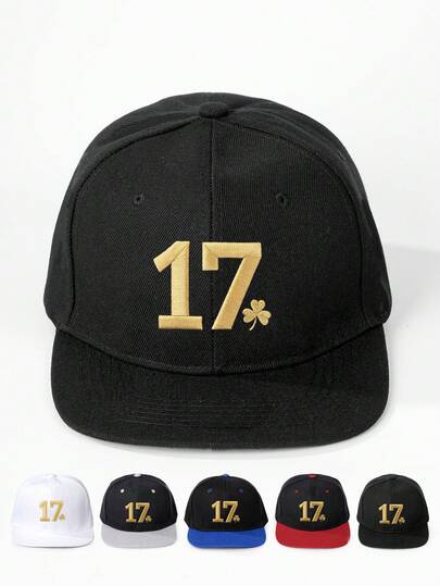 1pc Embroidered Number 17 Clover Flat Brim Baseball Cap, US 250th Anniversary St. Patrick's Day, Adjustable Outdoor Sun Protection Casual Hat, Personality Embroidery, Street Fashion, Outdoor Travel, Spring/Autumn
