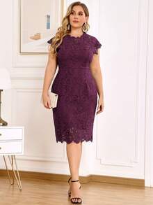 MIUSOL Plus Elegant Ruffle Neck Full Floral Lace Evening Party Bodycon Dress - 紫紅色 - 查看 4