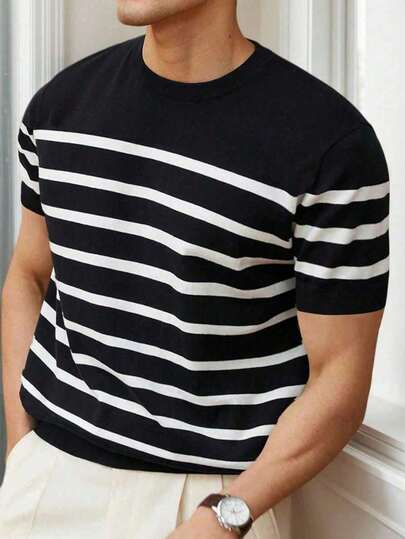 pull tricoté à manches courtes rayé, décontracté pour homme. Convient pour l'école, les trajets, le printemps/été. Grandes tailles