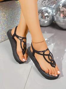 Women's Fashion Rhinestone Embellished Flat Casual Slippers, Suitable For Beach, Travel, Daily Wear, Summer - Black - View 2
