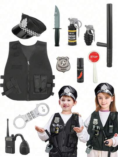 11pcs Kids Role Play Toy Set, Including Badge, Walkie Talkie, Baton, Handcuffs, Vest, Bulletproof Vest And Hat. Suitable For Children's Costume Parties And Uniforms. Perfect Gift For Christmas, Halloween And Birthday, Fit For Boys And Girls Aged 6-8 And Above