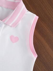 2件套女童户外休闲甜美爱心刺绣撞色条纹无袖polo衫和可爱开衩针织裙，夏季 - 粉色 - 查看 4