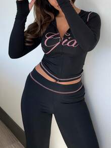 Angelica Casual Graphic Print Solid Color Two Piece Set For Women Long Sleeve Tops & Bodycon Pants Going Out Gym Outfits - màu đen - Xem 9