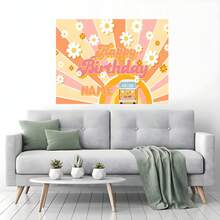 1 peça de painel fotográfico personalizável com tema hippie e ônibus para aniversário, com decoração vibrante de margaridas e arco-íris. Ideal para decoração de mesa de bolo em festas de aniversário, chá de bebê e outras comemorações. Banner em vinil. - Laranja - Ver 8