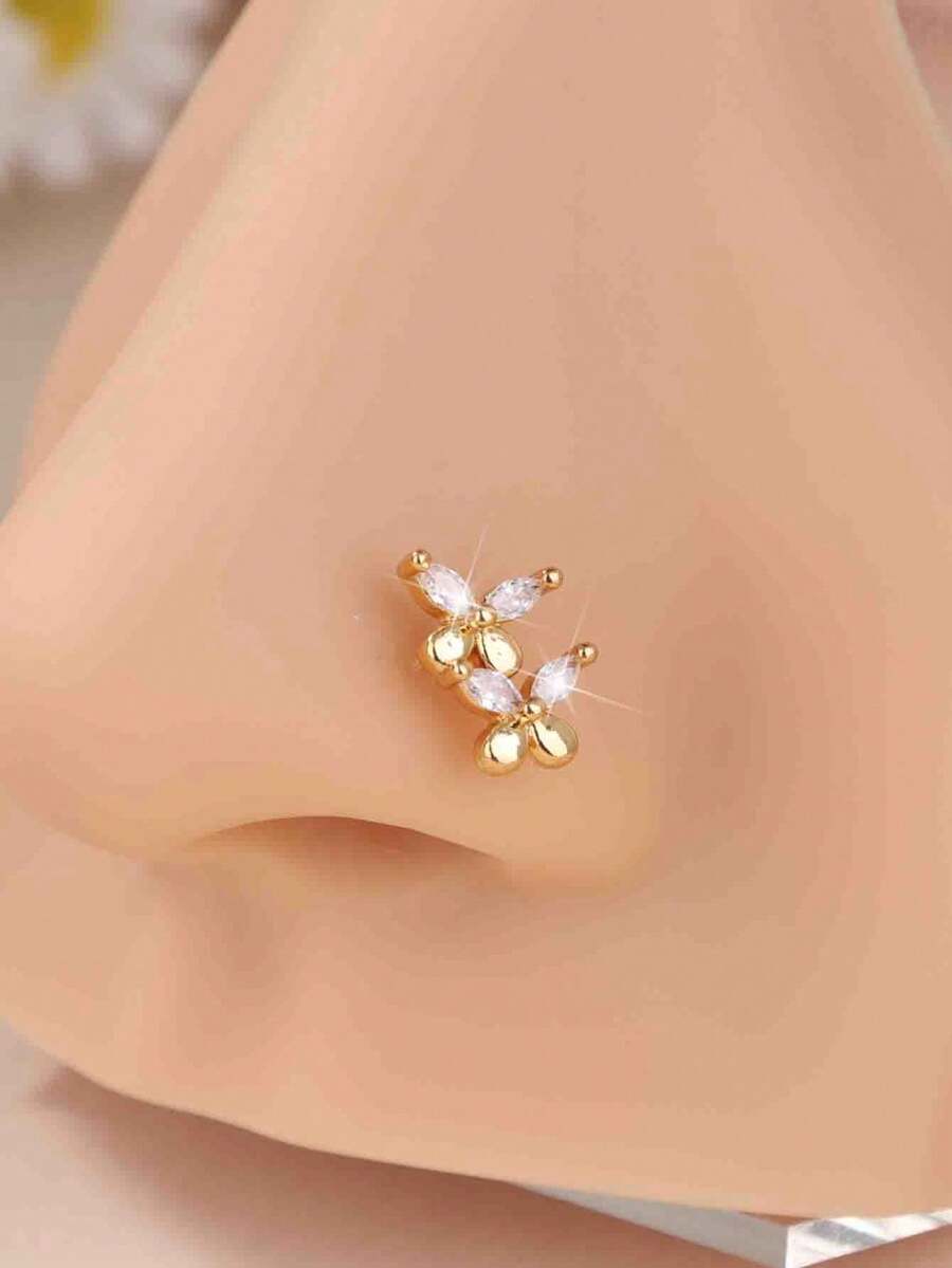 1 chiếc khuyên mũi đôi hình bướm đính đá CZ hình bầu dục 20G, hình chữ L, màu vàng/bạc, kiểu dáng tối giản, trang sức xỏ lỗ mũi hình hoa, thích hợp đeo hàng ngày. - L195 - Xem 1