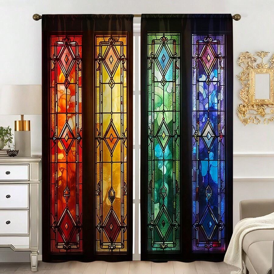 2pcs 2D Retro Colorful Flat Curtains - Blackout Polyester Fabric Curtains, Bright Floral & Geometric Pattern Curtains, Machine Washable, Rod Pocket Design, Suitable For Bedroom And Living Room Decor, Modern Style, Easy Care Fabric - Multicolor - View 1