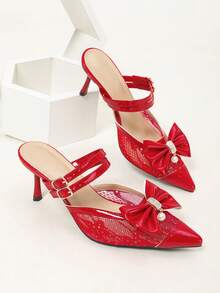 Giày sandal bít mũi gợi cảm mùa hè 2026, da bóng với khóa đính đá, giày mules gót nhọn màu đỏ. - Đỏ - Xem 6