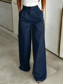 Plus Size Women's Solid Color Pleated Pocket Casual Versatile Wide Leg Pants For Daily Wear Spring - Navy Blue - View 4