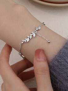 1pc S925 Sterling Silver Minimalist Nature-Inspired Delicate Zirconia Inlaid Branch & Leaf Design Bracelet, Suitable For Women's Daily Wear, Gift - Silver - View 4