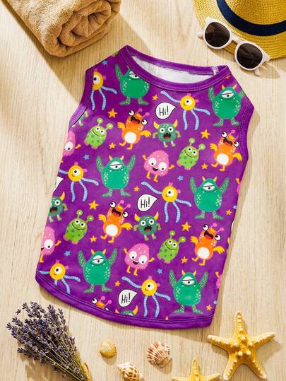 1pc Cute Monster Print Pet Vest, Sleeveless Breathable Dog/Cat T-Shirt, Lightweight Pet Clothes For Spring/Summer