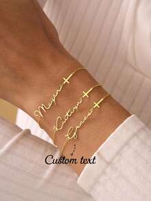 Customized Women's Personalized Name Bracelet, 304L Stainless Steel Nameplate, Mini Cross Charm Bracelet, Christmas Gift Suitable For Mom, Wife, Valentine's Day, Anniversary - 3 Gold Pieces - View 2