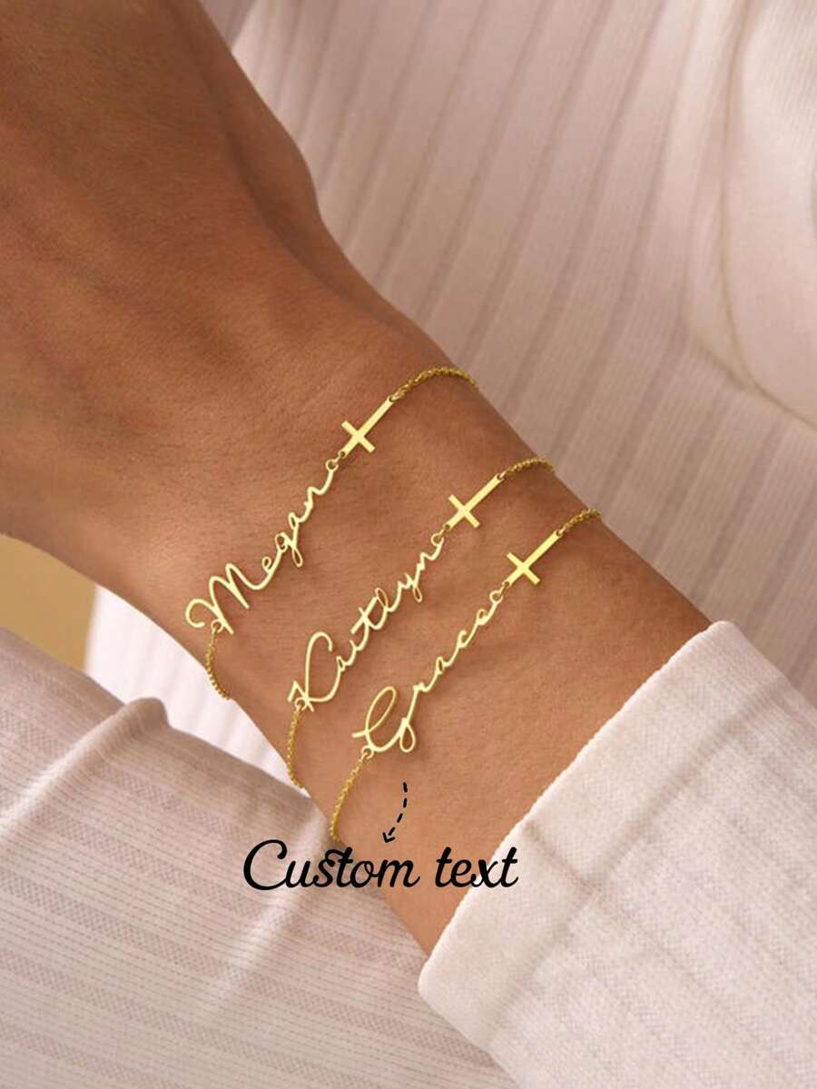 Customized Women's Personalized Name Bracelet, 304L Stainless Steel Nameplate, Mini Cross Charm Bracelet, Christmas Gift Suitable For Mom, Wife, Valentine's Day, Anniversary