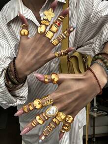 20/15/7pcs Vintage, Elegant Multi-Piece Stackable Rings, Fashion Minimalist Sophisticated Retro Design With Floral, Faux Pearl, Geometric, Ruffle Texture, Liquid Drop, Irregular Shape, Faux Gem, Sparkling, Heart, Wave, Hollow, Hammered, Smooth, Minimalist, Metal Chunky Rings Set, Suitable For Holiday, Party, Date, Gift, Daily Wear - Yellow Gold - View 9