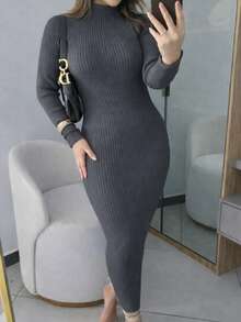 Anastacia Ribbed Long Sleeve High Neck Modal Yarn Dress For Women - Lead Gray - View 2
