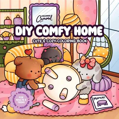 30页DIY舒适家居主题涂色书，一本可爱又舒适的成人及青少年涂色书，书中描绘了可爱的卡通朋友们在宁静温馨的场景中建造休闲小屋，适合放松身心。本书是圣诞节、复活节、生日礼物、儿童礼物、成人涂色书、放松涂色书、奇幻插图、精美插图和新年礼物的理想之选。