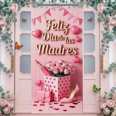 2D Plane, 1 Spanish Mother's Day Banner Curtain, Pink Flowers And Butterfly Patterns-Happy Mother's Day Door Hanging Decoration, Suitable For Party Fabric Material, Spring Door Decoration, With 4 Holes And Installation Ropes, 2D Plane Design In Various Styles And Sizes.