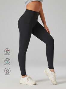 高腰收腹口袋瑜伽裤紧身打底裤运动服 - 黑色 - 查看 4